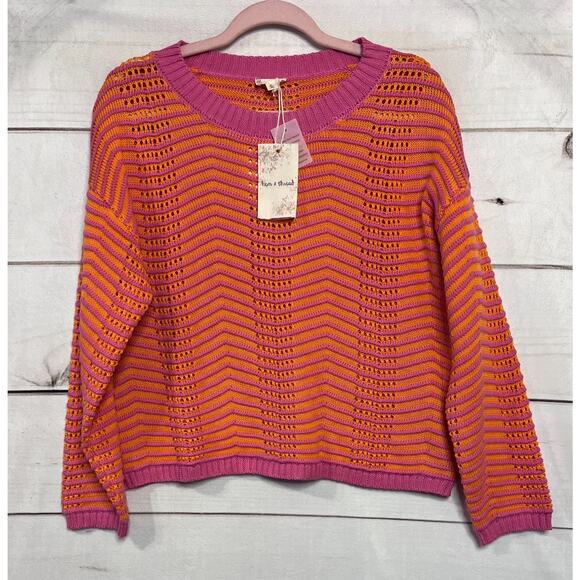 Women’s Hem And Thread Pink And Orange Striped Sweater NWT Sz Med Boutique - Picture 1 of 5